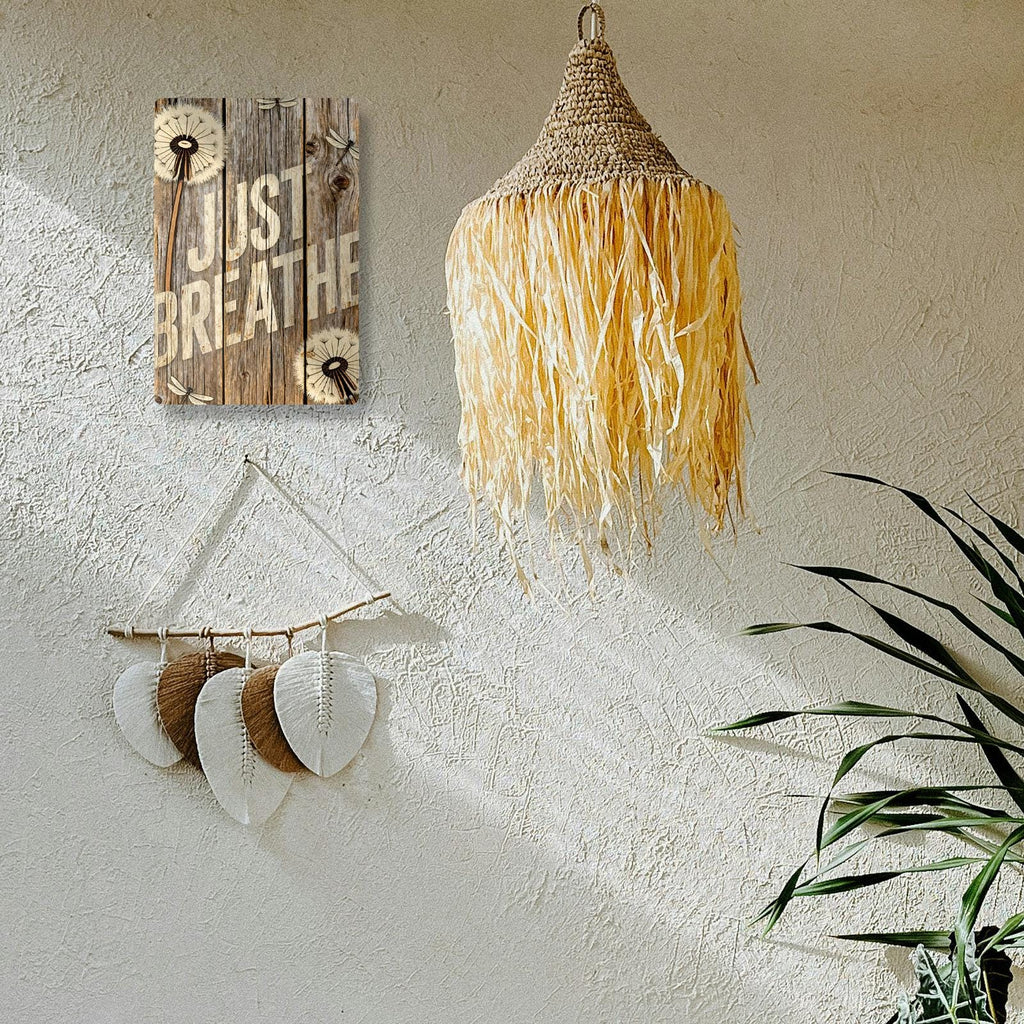 Just Breathe Rustic Inspirational Tin Sign, Farmhouse Bathroom Bedroom Wall Decor, Calming Quote Wood Look Metal Sign, Mindfulness Gift