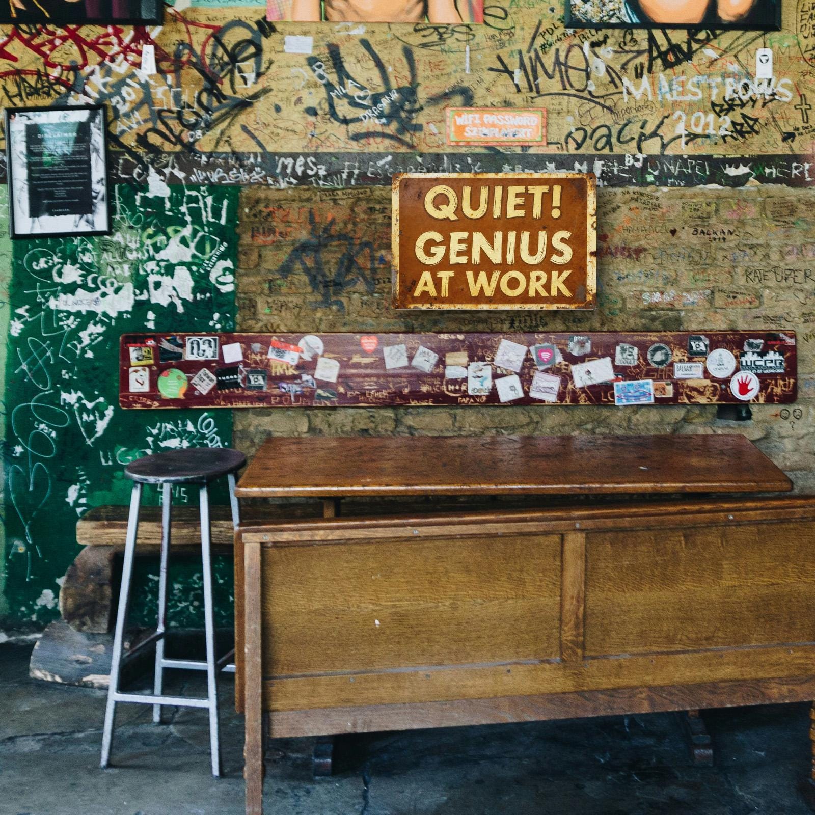 Quiet! Genius at Work Vintage Tin Sign, Funny Office Wall Decor, Rustic Garage Workshop Metal Sign, Home Office Gift for Coworker Boss