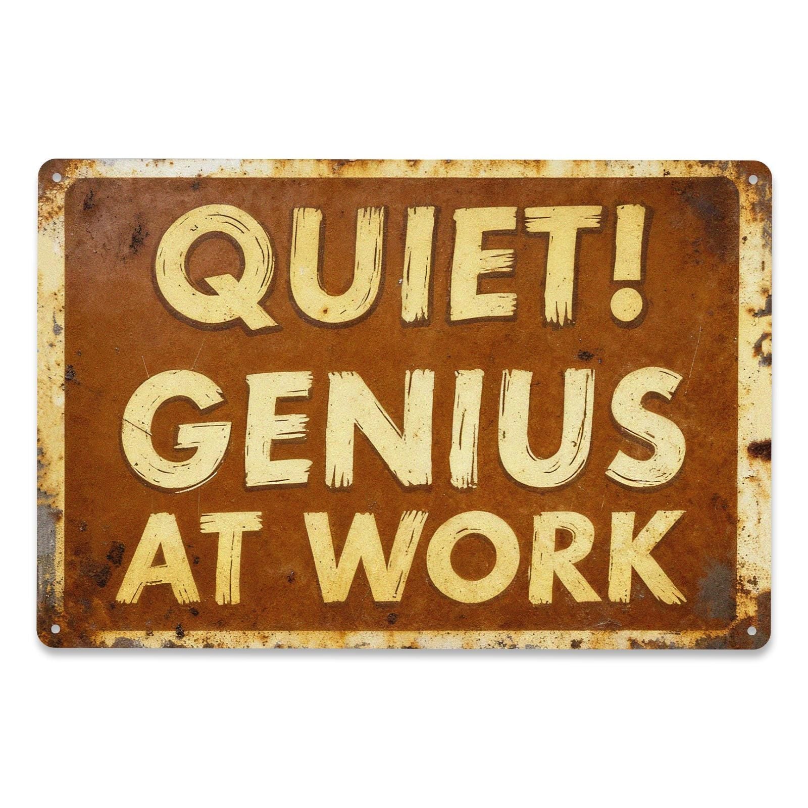 Quiet! Genius at Work Vintage Tin Sign, Funny Office Wall Decor, Rustic Garage Workshop Metal Sign, Home Office Gift for Coworker Boss