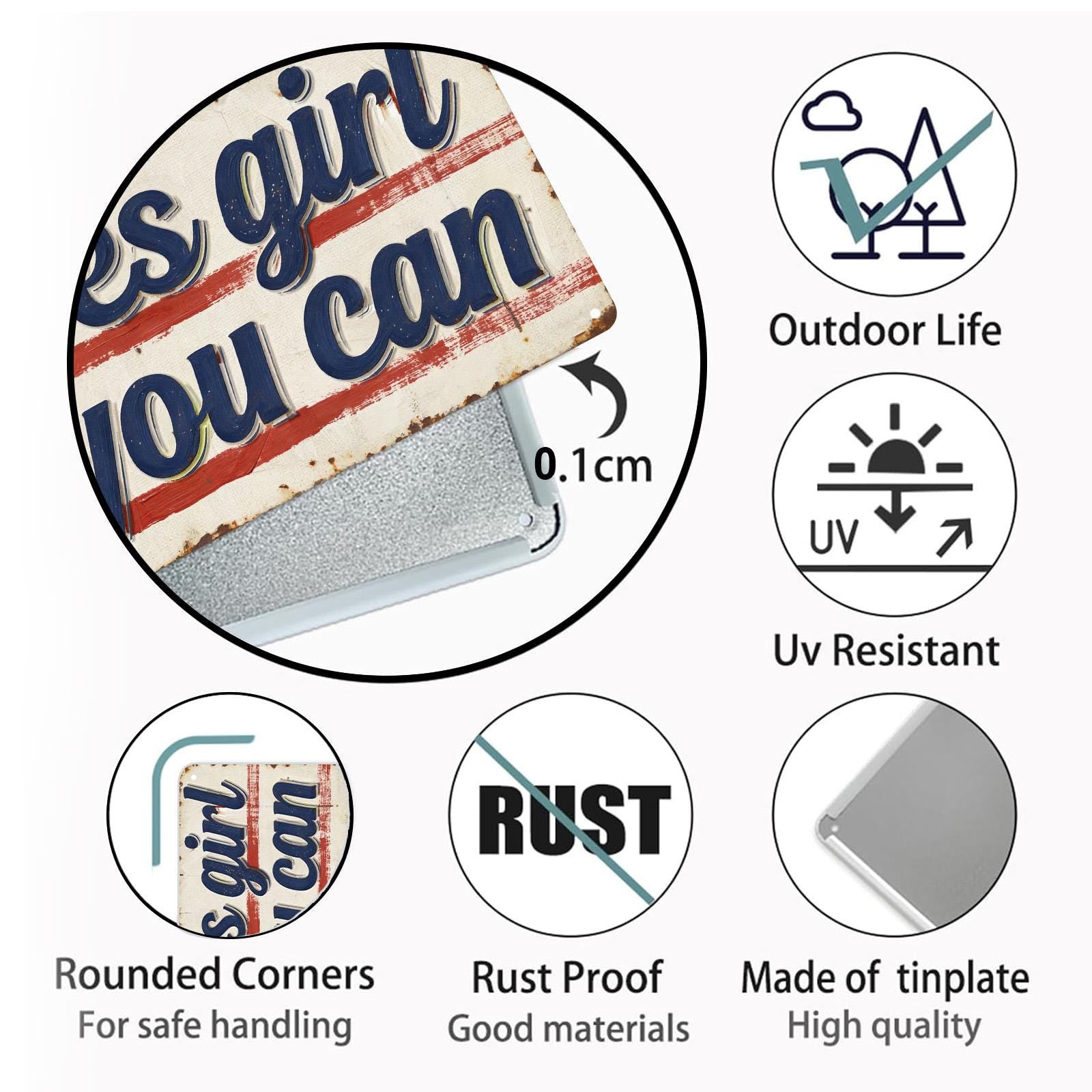 Yes Girl You Can Vintage Tin Sign, Motivational Wall Decor, Retro Rustic Metal Plaque, Girl Power Quote, Office Dorm Gift