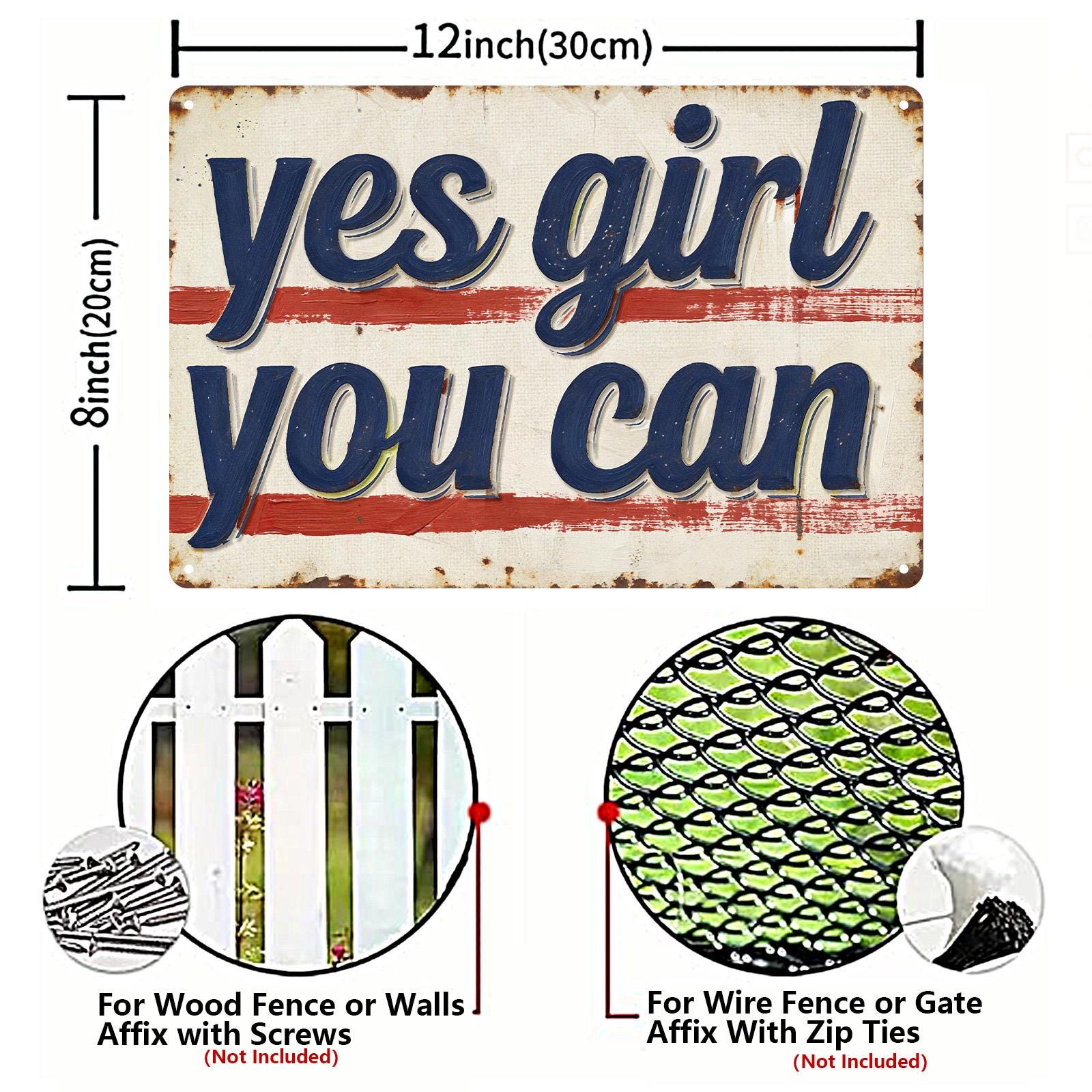 Yes Girl You Can Vintage Tin Sign, Motivational Wall Decor, Retro Rustic Metal Plaque, Girl Power Quote, Office Dorm Gift