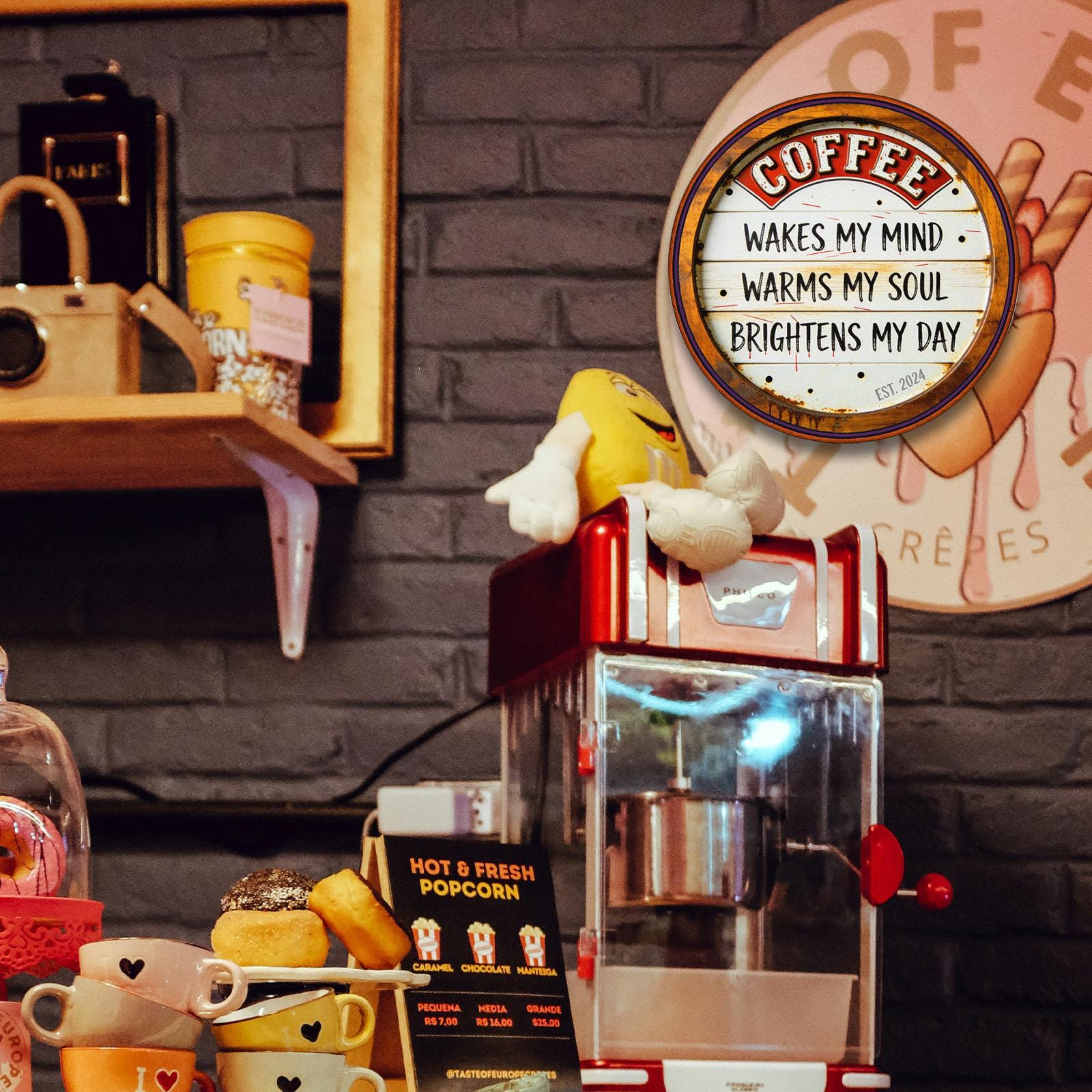 Coffee Wakes My Mind Warms My Soul Brightens My Day Round Tin Sign, Vintage Rustic Coffee Bar Decor, Kitchen Wall Art, Gift