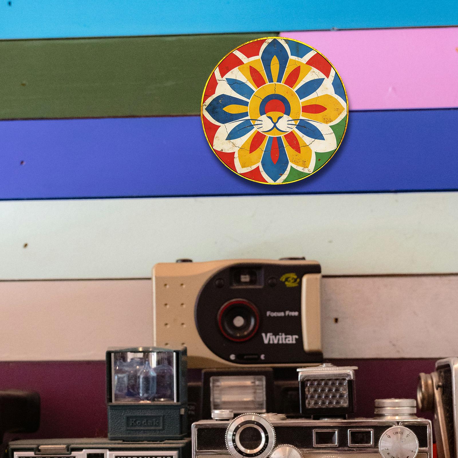 Colorful Lion Mandala Round Tin Sign, Boho Vintage Metal Wall Decor, Safari Nursery Art, Retro Hippie Wall Plaque, Gift