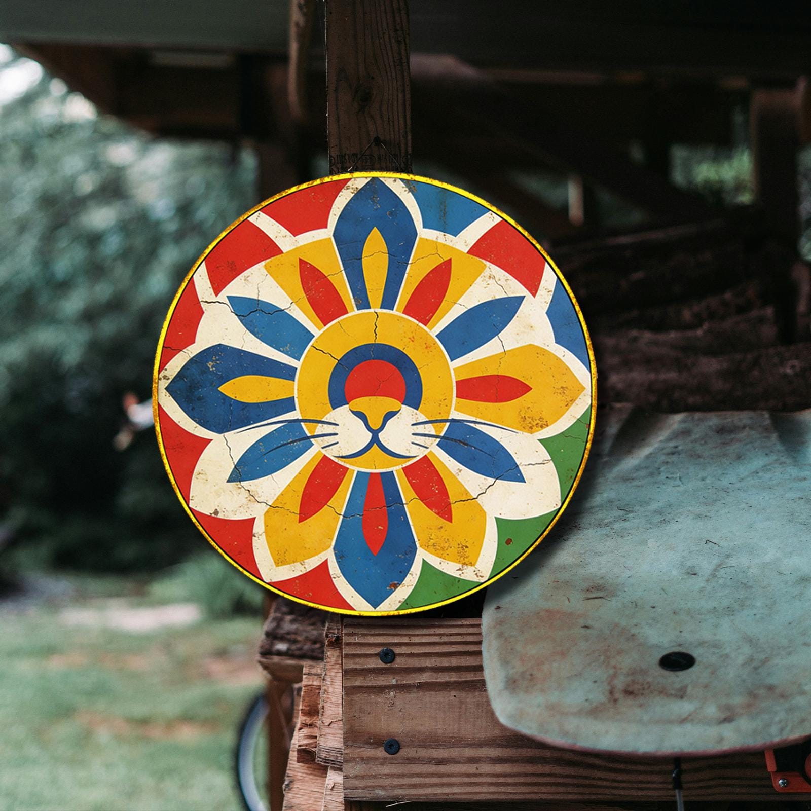 Colorful Lion Mandala Round Tin Sign, Boho Vintage Metal Wall Decor, Safari Nursery Art, Retro Hippie Wall Plaque, Gift