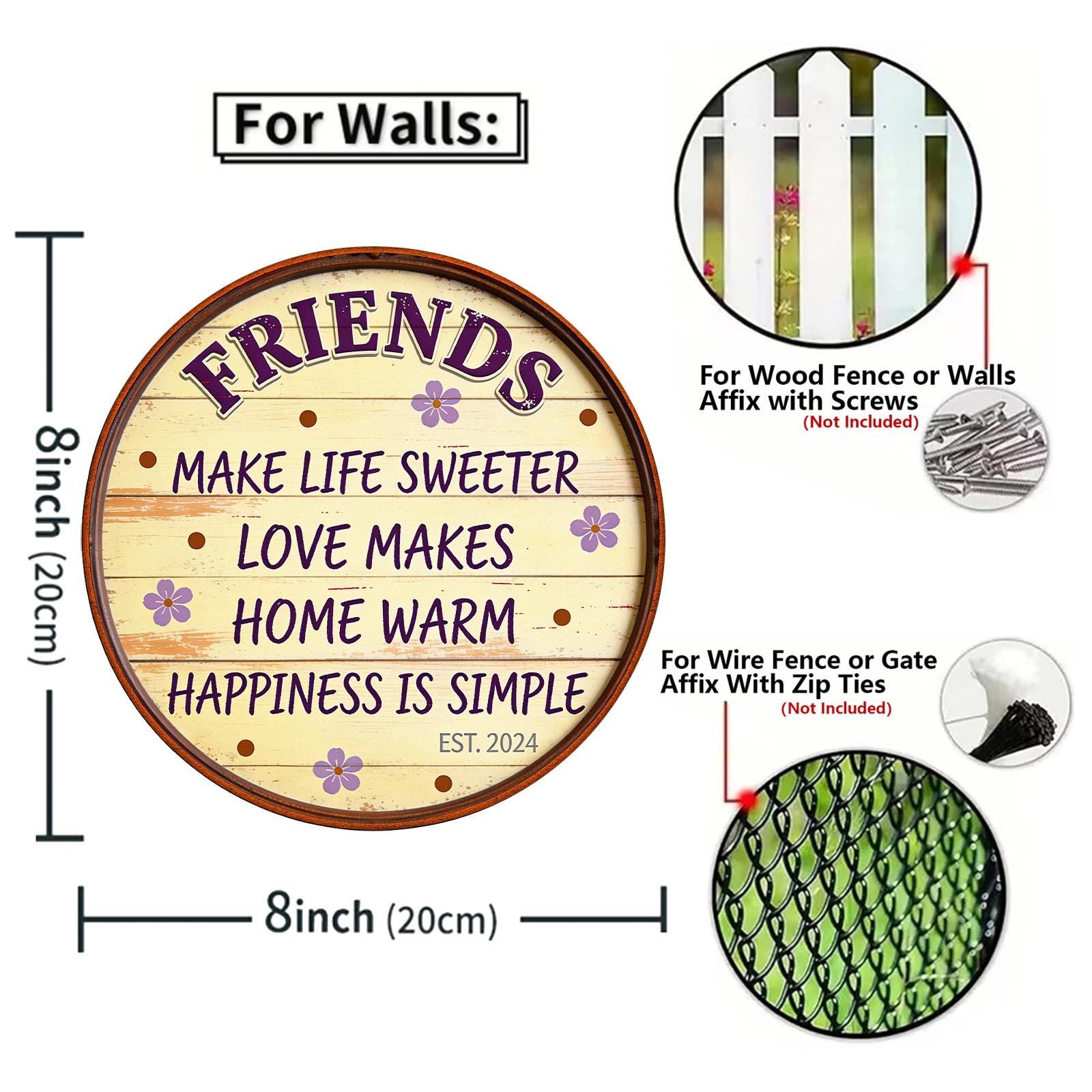 Friends Make Life Sweeter Round Tin Sign, Farmhouse Rustic Metal Wall Decor, Friendship Quote Plaque, Gift for Best Friend