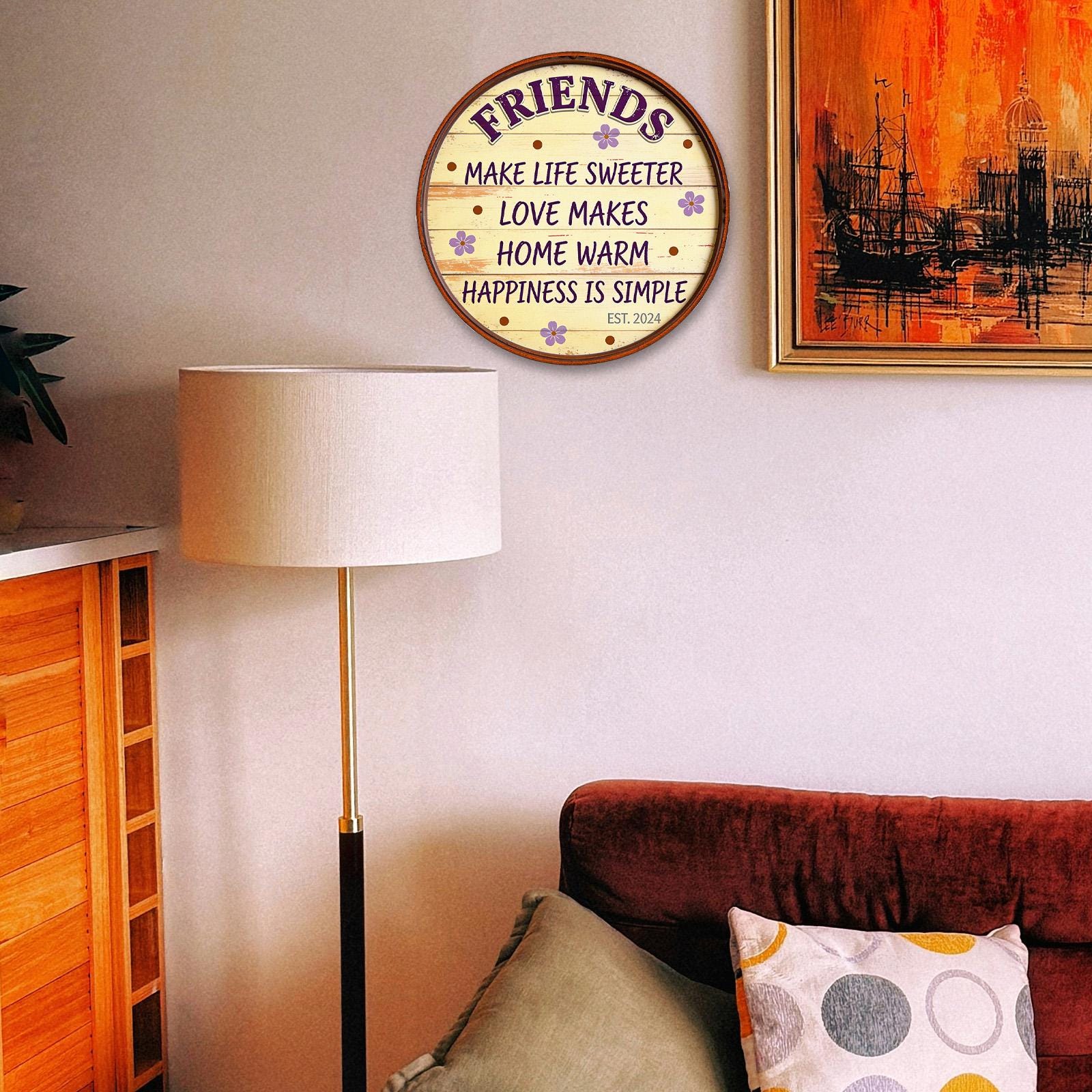 Friends Make Life Sweeter Round Tin Sign, Farmhouse Rustic Metal Wall Decor, Friendship Quote Plaque, Gift for Best Friend