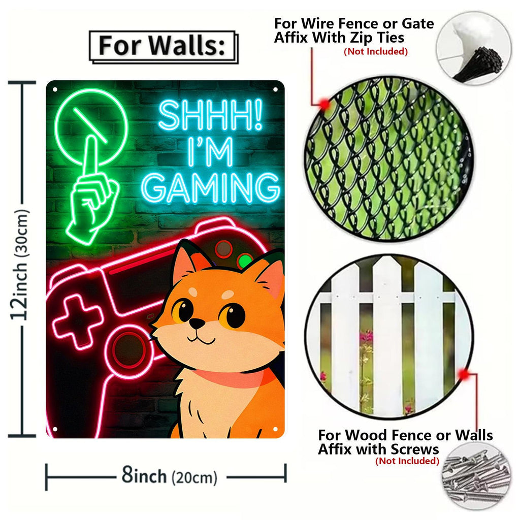 Shhh I'm Gaming Neon Cat Tin Sign, Gamer Room Wall Decor, Video Game Controller Metal Sign, Game Room Man Cave Gift