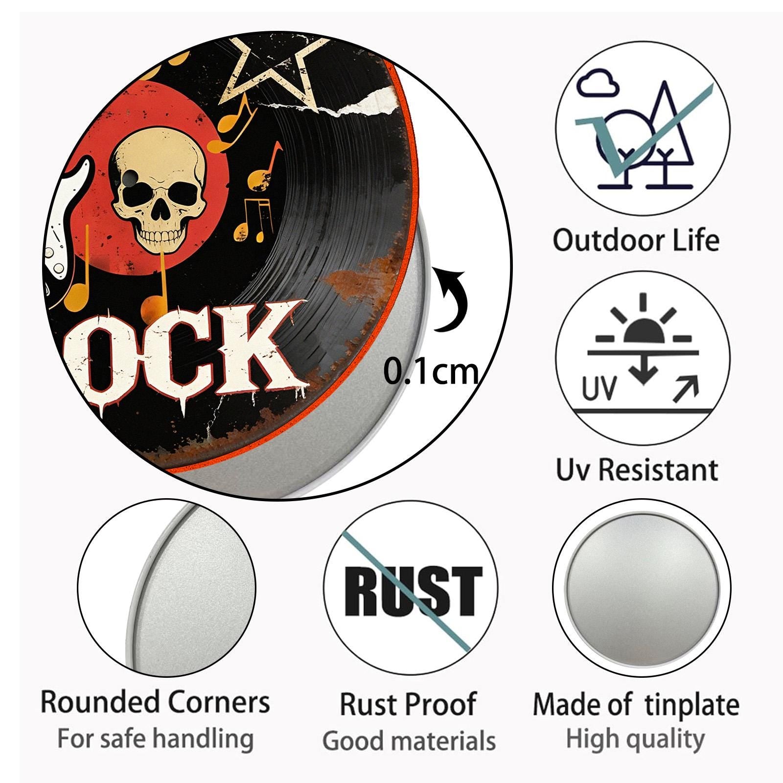 Rock Music Tin Sign Round Wall Decor, Guitar Skull Vinyl Record Metal Sign, Rocker Man Cave Garage Studio Gift