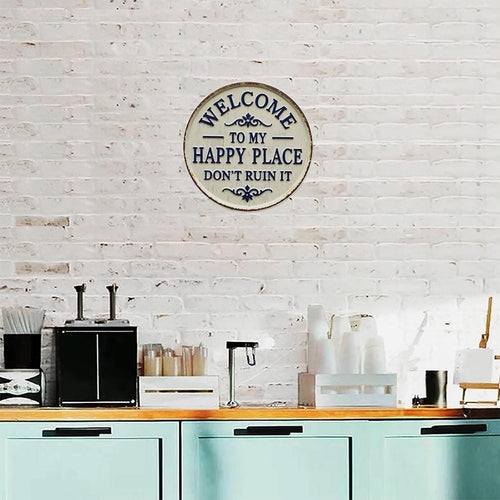 Cream Welcome Sign with Blue Text & Floral Design - "Welcome to My Happy Place" Metal Door Decor for Home Entryway or Wall