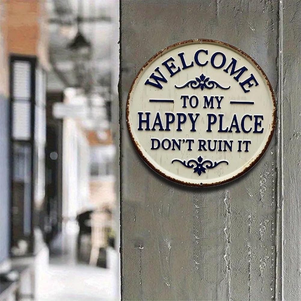Cream Welcome Sign with Blue Text & Floral Design - "Welcome to My Happy Place" Metal Door Decor for Home Entryway or Wall