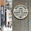 Cream Welcome Sign with Blue Text & Floral Design - "Welcome to My Happy Place" Metal Door Decor for Home Entryway or Wall
