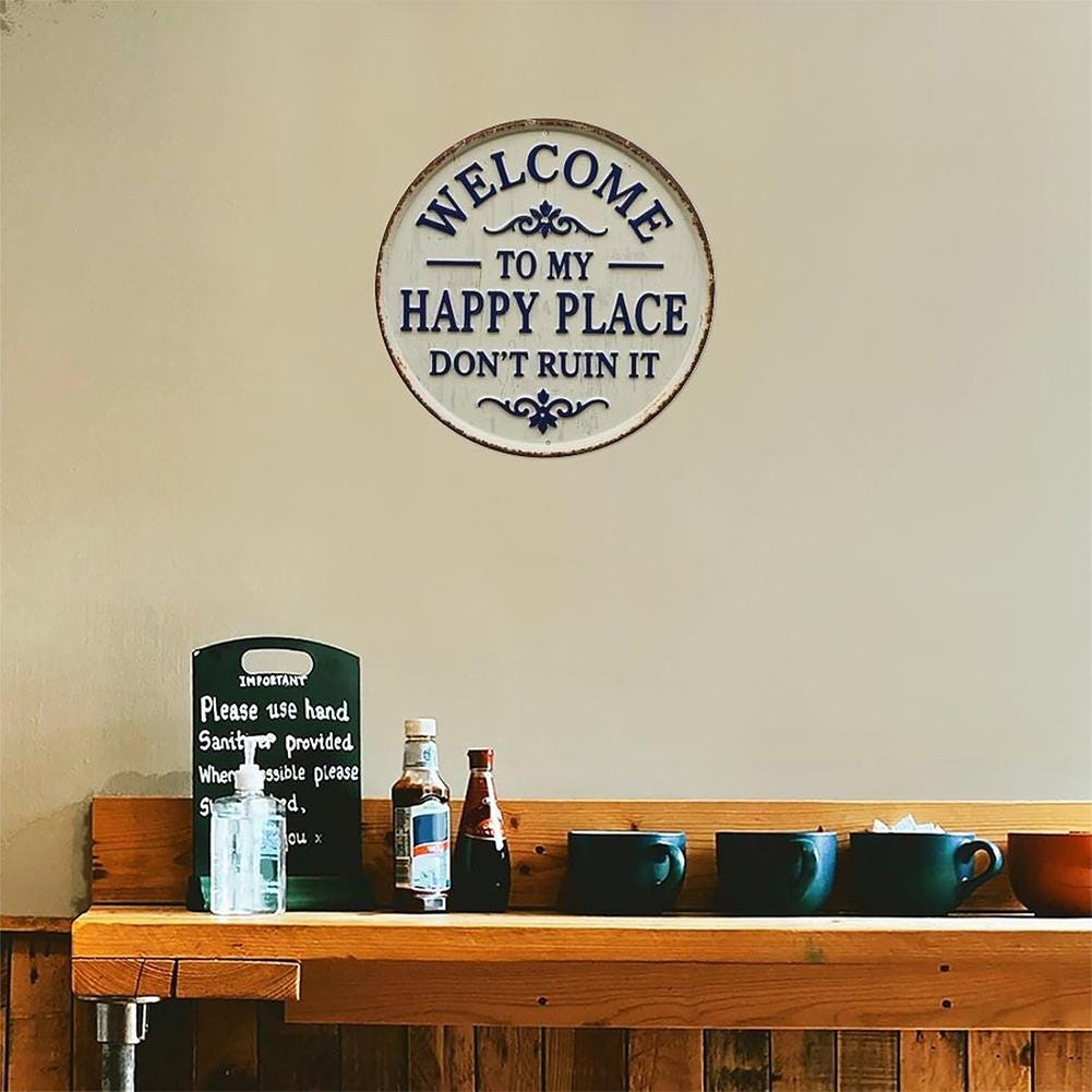 Cream Welcome Sign with Blue Text & Floral Design - "Welcome to My Happy Place" Metal Door Decor for Home Entryway or Wall