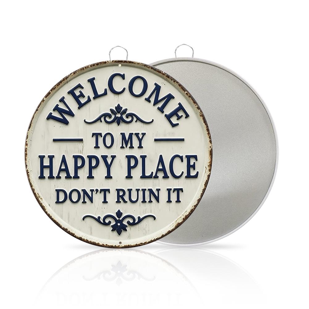 Cream Welcome Sign with Blue Text & Floral Design - "Welcome to My Happy Place" Metal Door Decor for Home Entryway or Wall