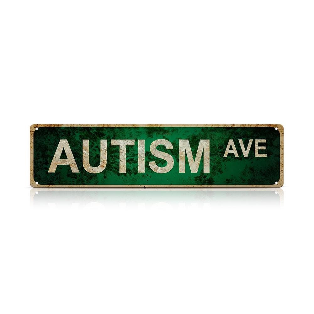 Green Autism Awareness Avenue Street Sign - White Text on Distressed Metal Plate for Wall Decor, Home Decor, and Support Display