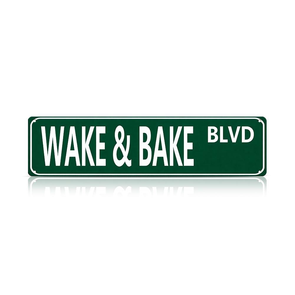 Green Wake And Bake Blvd Street Sign - White Text on Metal Plate for Wall Decor, Home Decor, and Novelty Gift Giving