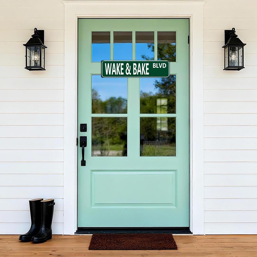 Green Wake And Bake Blvd Street Sign - White Text on Metal Plate for Wall Decor, Home Decor, and Novelty Gift Giving
