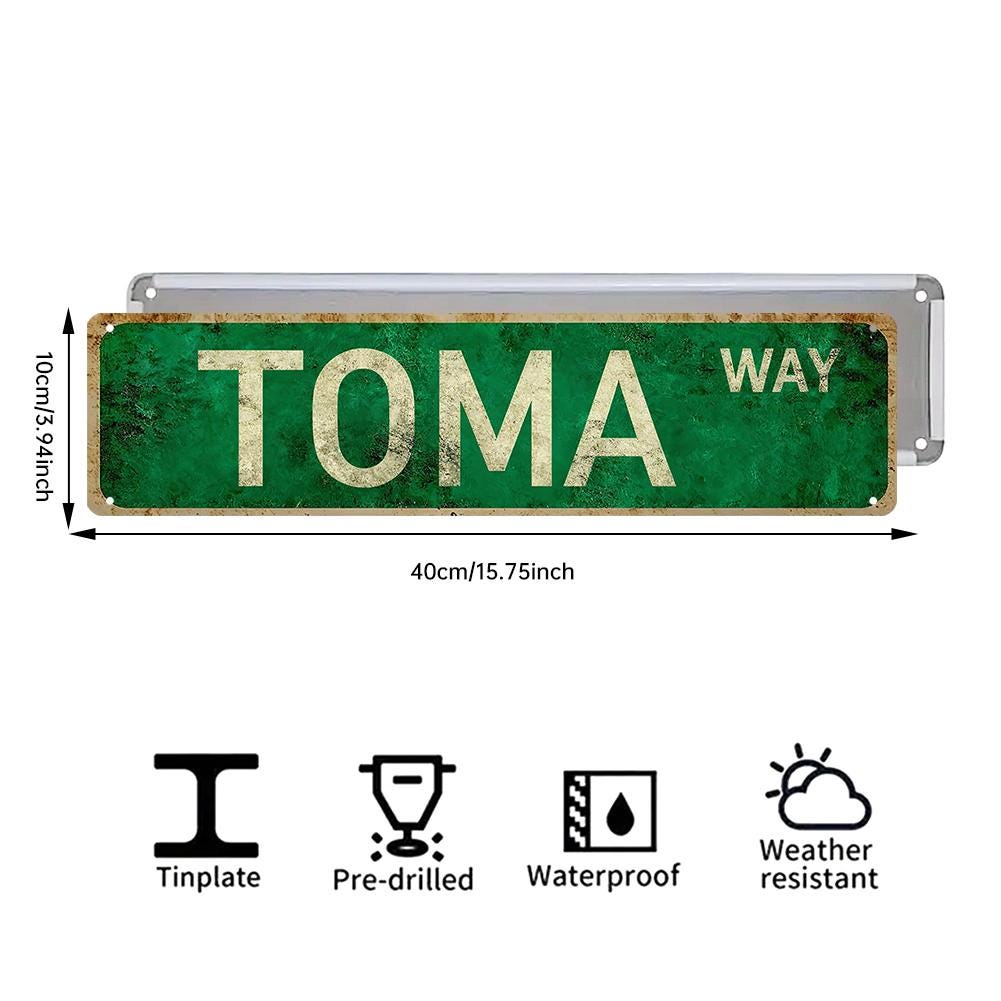 Vintage Green Toma Way Retro Street Sign - Distressed Metal Wall Art for Outdoor Patio, Home, Office, or Man Cave Decor