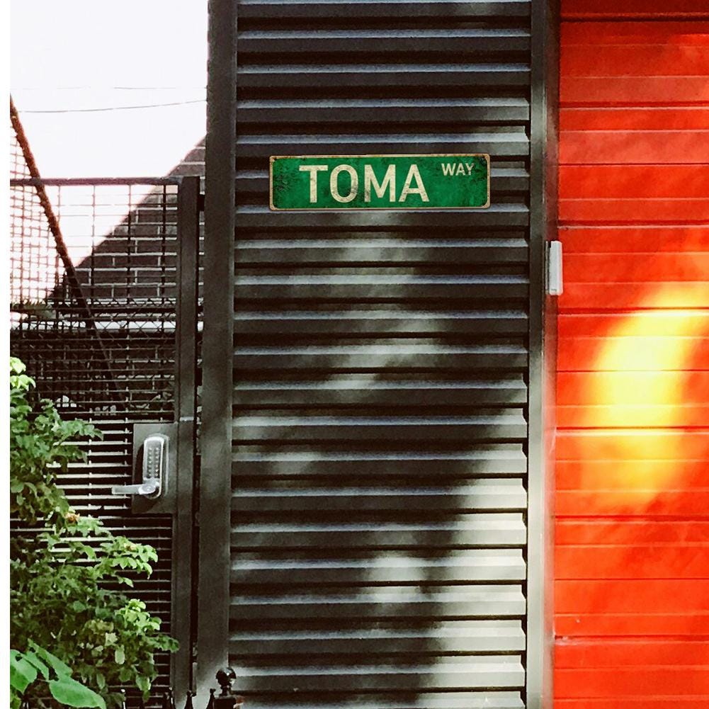 Vintage Green Toma Way Retro Street Sign - Distressed Metal Wall Art for Outdoor Patio, Home, Office, or Man Cave Decor