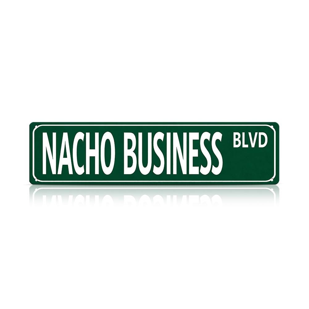Nacho Business Blvd Green Street Sign - Retro Style Metal Wall Art for Home, Office, Bar, or Party Decoration and Novelty Gift
