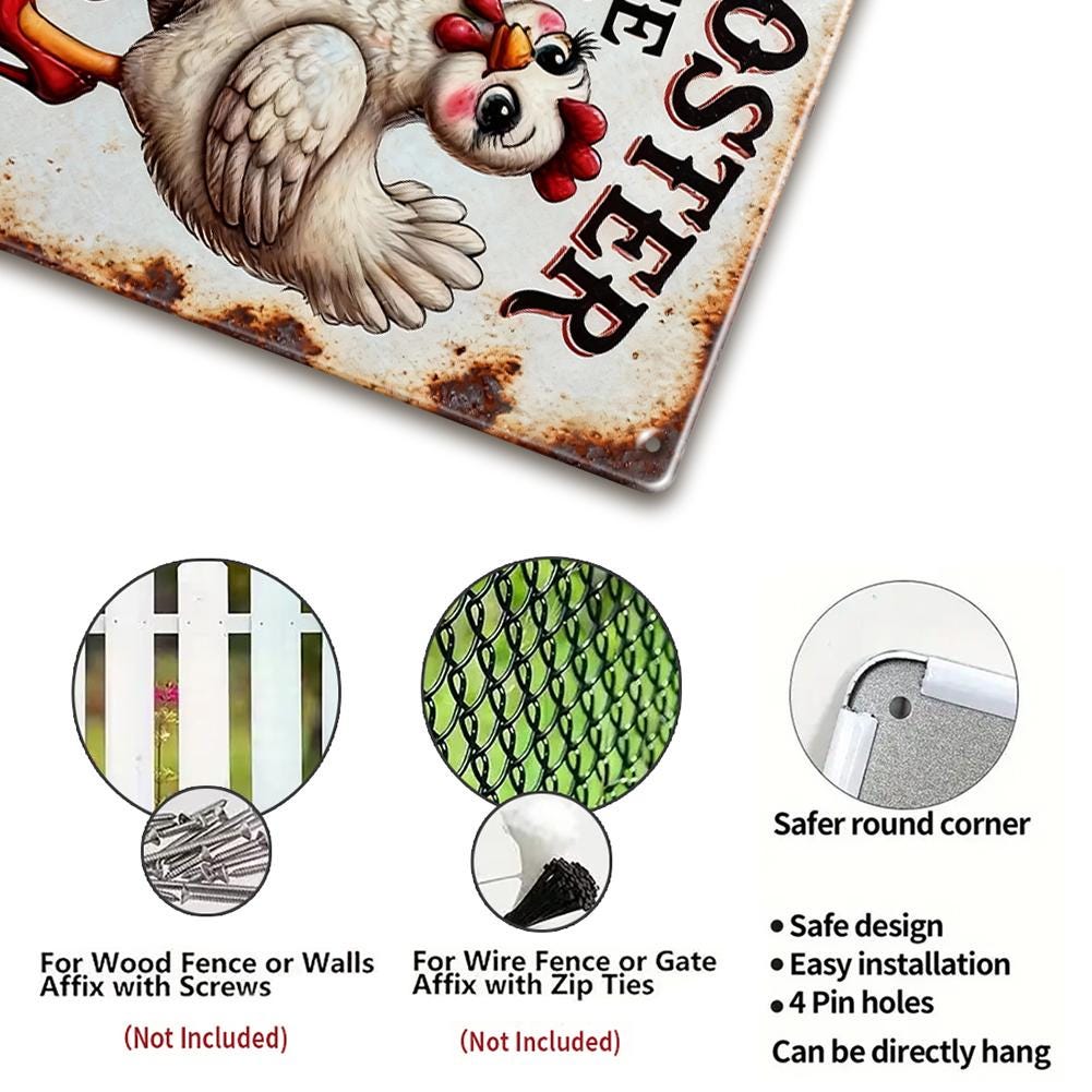 Farmhouse Rustic Metal Sign with Rooster and Chick Design - "An Old Rooster and a Cute Chick Live Here" for Kitchen or Barn Wall