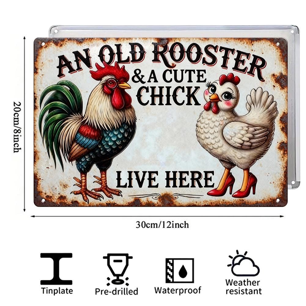 An Old Rooster and a Cute Chick Live Here Metallschild | Bar & Pub Deko
