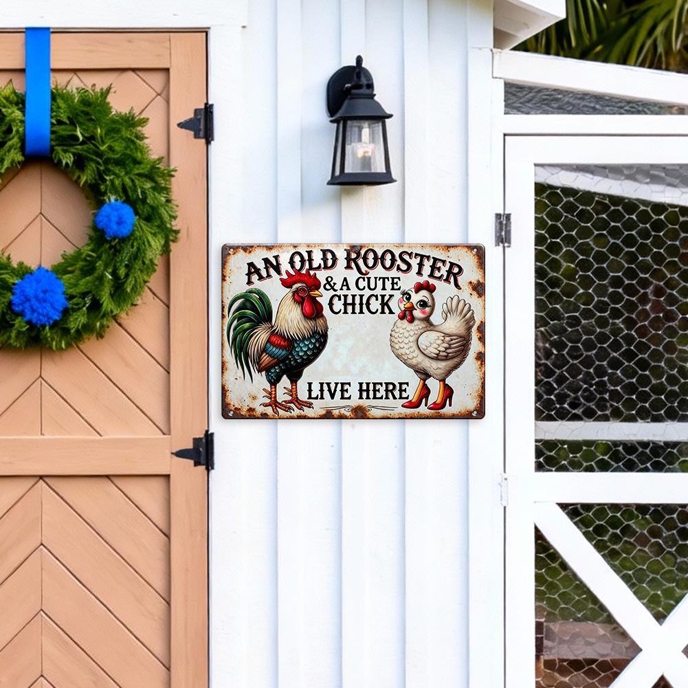 Farmhouse Rustic Metal Sign with Rooster and Chick Design - "An Old Rooster and a Cute Chick Live Here" for Kitchen or Barn Wall